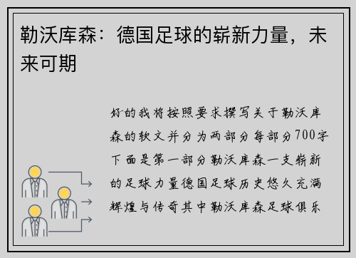 勒沃库森：德国足球的崭新力量，未来可期