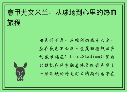 意甲尤文米兰：从球场到心里的热血旅程