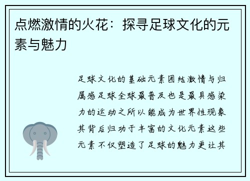 点燃激情的火花：探寻足球文化的元素与魅力